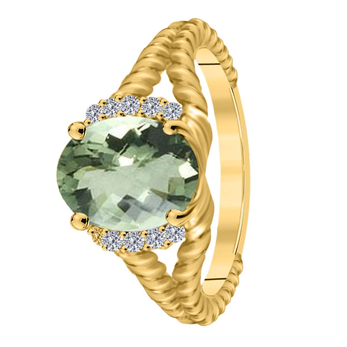 MAULIJEWELS 1.85 Carat Diamond and Oval Green Amethyst Gemstone Ring in 10K White, Rose, & Yellow Gold Mauli Jewels