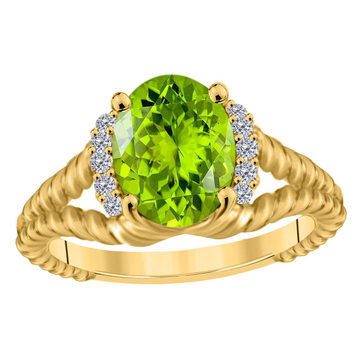 Mauli Jewels 1.85 Carat Diamond and Oval-Shaped Peridot Gemstone Split Shank Rope Design Ring in 10K White, Rose, and Yellow Gold Mauli Jewels