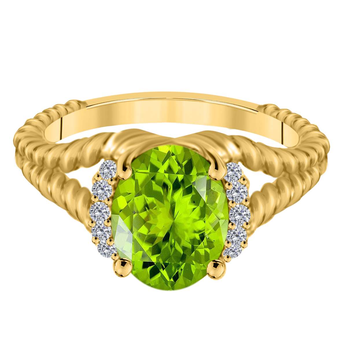 Mauli Jewels 1.85 Carat Diamond and Oval-Shaped Peridot Gemstone Split Shank Rope Design Ring in 10K White, Rose, and Yellow Gold Mauli Jewels