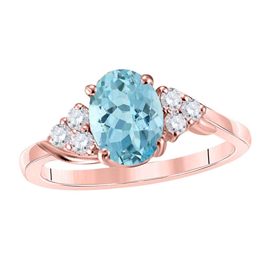 MAULIJEWELS 1.45 Carat Diamond & Oval-Shaped Aquamarine Ring in 10K White, Rose, & Yellow Gold Mauli Jewels