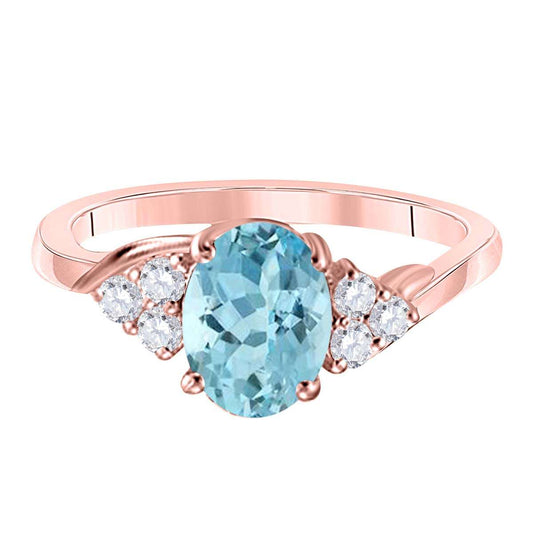 MAULIJEWELS 1.45 Carat Diamond & Oval-Shaped Aquamarine Ring in 10K White, Rose, & Yellow Gold Mauli Jewels