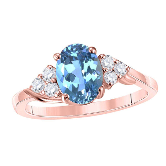 MAULIJEWELS 1.45 Carat Diamond and Oval-Shaped Blue Topaz Ring in 10K White, Rose & Yellow Gold Mauli Jewels