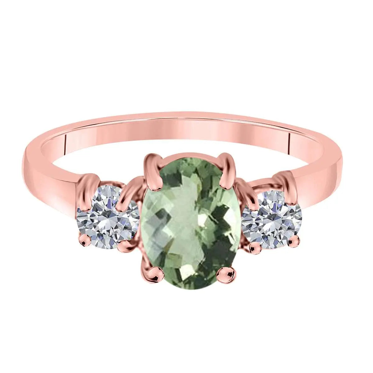 MAULIJEWELS 2.05 Carat Diamond and Oval Shaped Green-Amethyst Gemstone Ring in 14K White, Rose & Yellow Gold Mauli Jewels