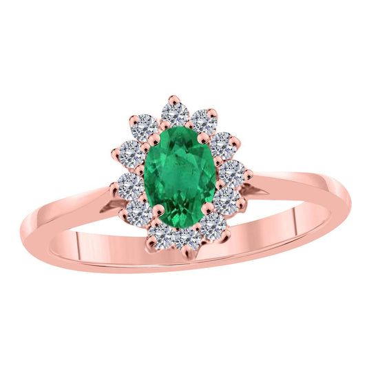 Mauli Jewels 0.90 Carat Diamond & Oval-Shaped Emerald Gemstone Halo Ring in 10K White, Rose & Yellow Gold Mauli Jewels