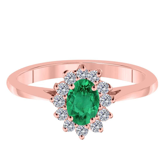 Mauli Jewels 0.90 Carat Diamond & Oval-Shaped Emerald Gemstone Halo Ring in 10K White, Rose & Yellow Gold Mauli Jewels