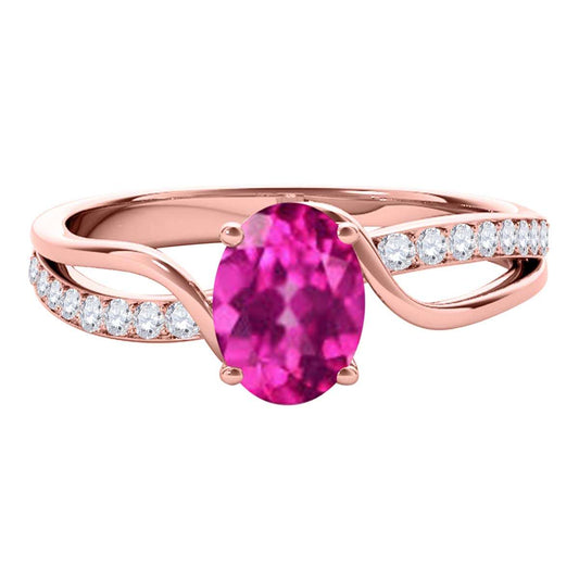 Maulijewels 1.40 Carat Oval Pink-Topaz & White Diamond Gemstone Ring with Split Shank Design in 14K White, Yellow, & Rose Gold Mauli Jewels