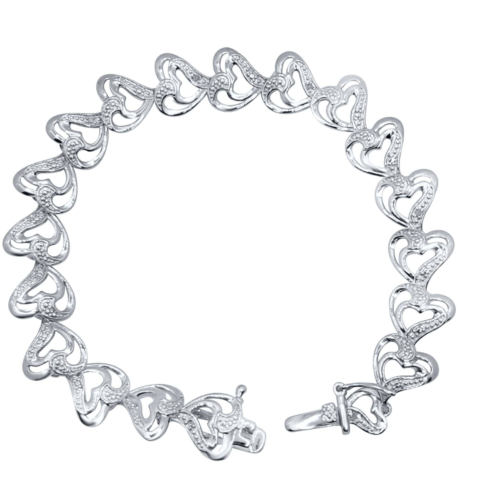 Natural Diamond Accent Heart-Shaped Mother and Child Bracelet in 14K White Gold-Plated 925 Sterling Silver Mauli Jewels