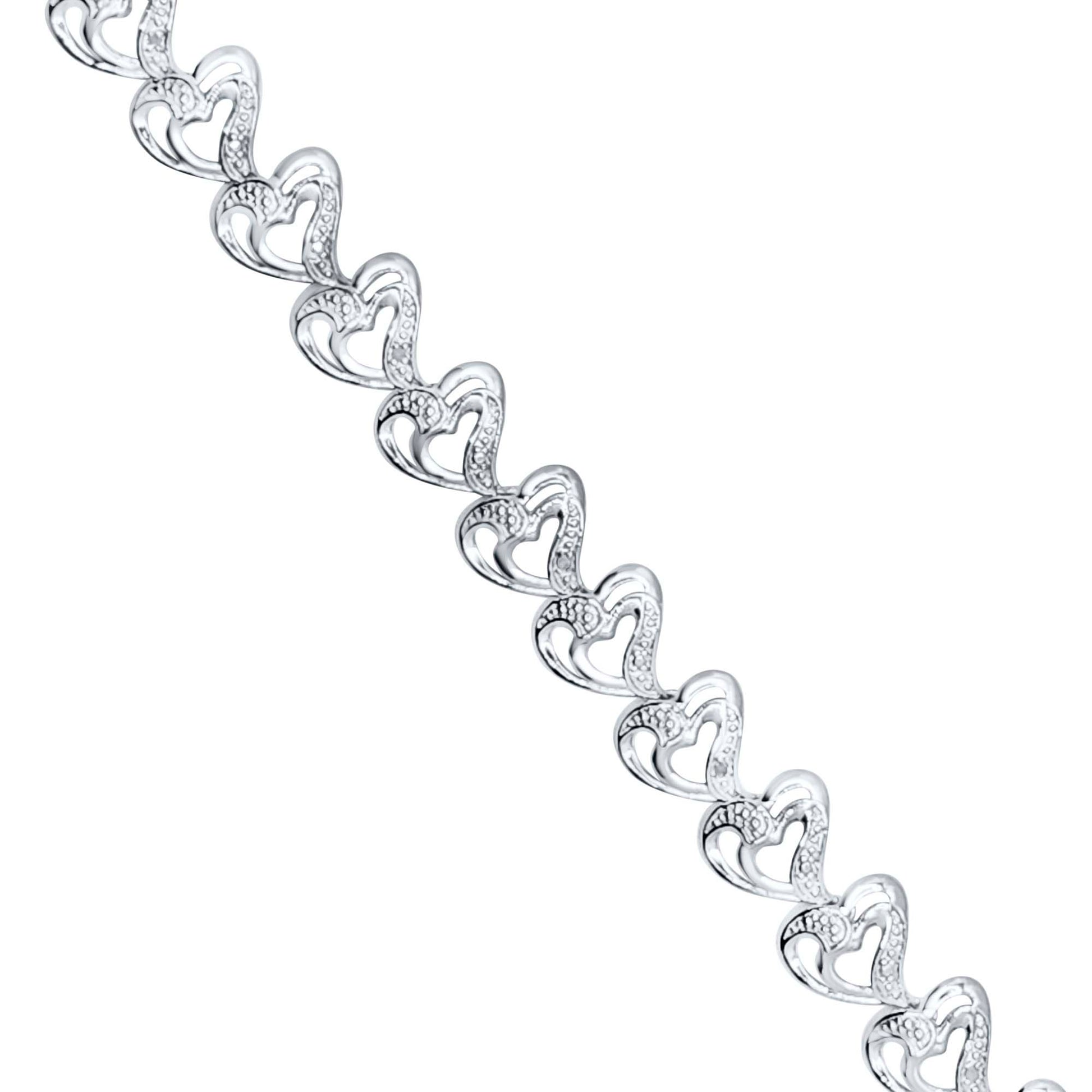 Natural Diamond Accent Heart-Shaped Mother and Child Bracelet in 14K White Gold-Plated 925 Sterling Silver Mauli Jewels