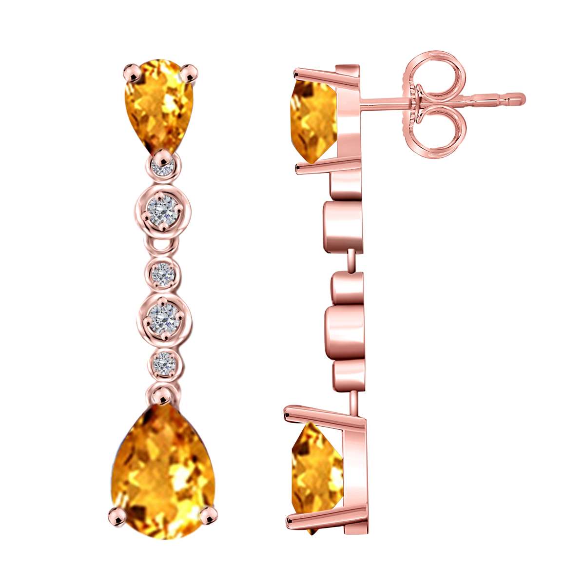 3.00 Carat Pear Shape Citrine & Diamond Gemstone Dangle Earrings For Women In 10K Solid Rose White & Yellow Gold Mauli Jewels