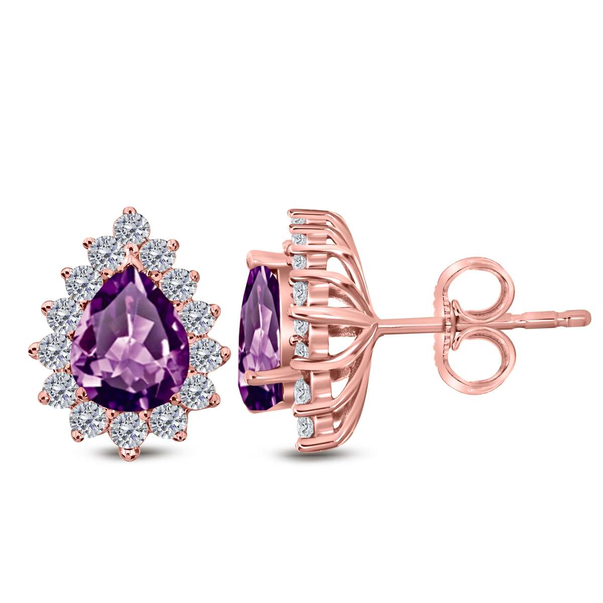 1.75 Carat Pear Shape Amethyst & Diamond Stud Earrings For Women In 10K Solid Rose White & Yellow Gold Mauli Jewels