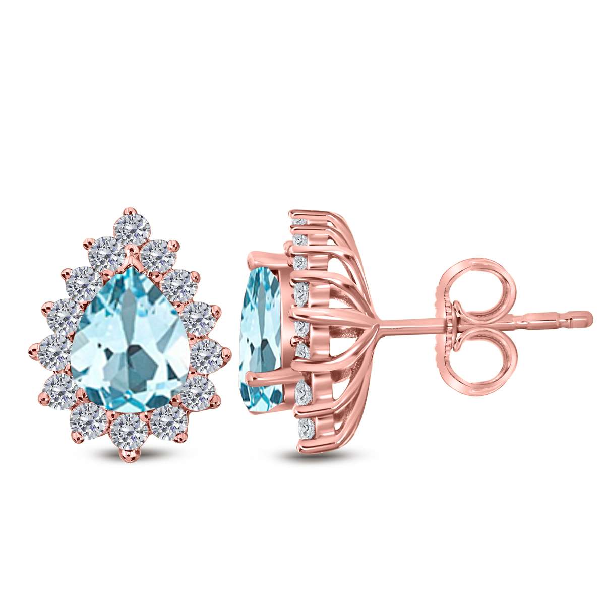 1.75 Carat Pear Shape Aquamarine & Diamond Stud Earrings For Women In 10K Solid Rose White & Yellow Gold Mauli Jewels