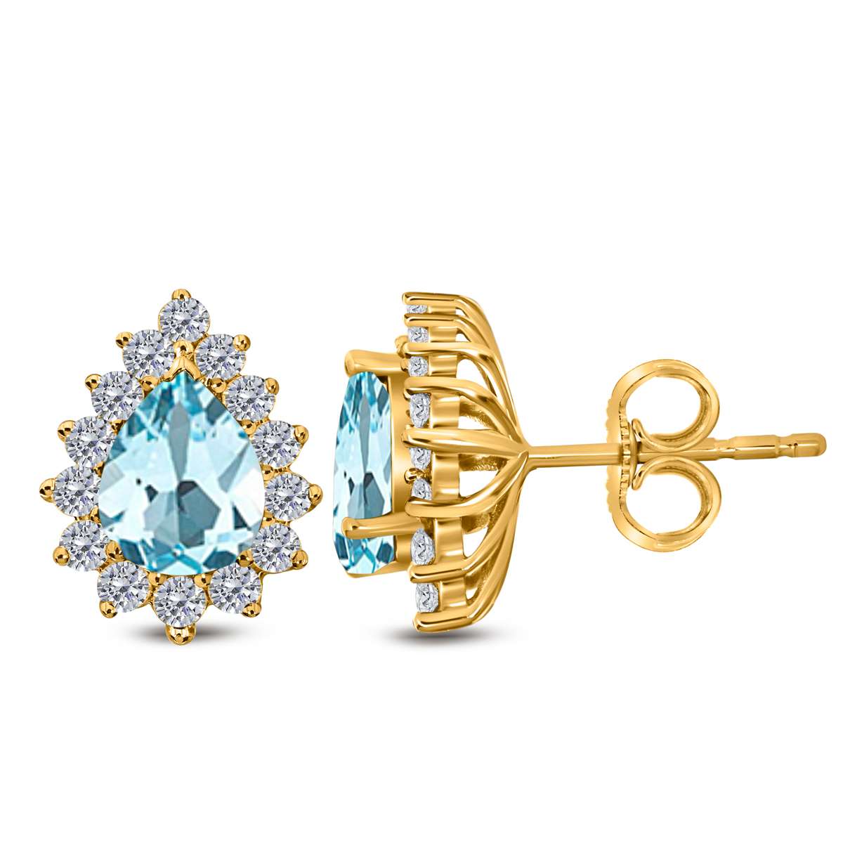 1.75 Carat Pear Shape Aquamarine & Diamond Stud Earrings For Women In 10K Solid Rose White & Yellow Gold Mauli Jewels