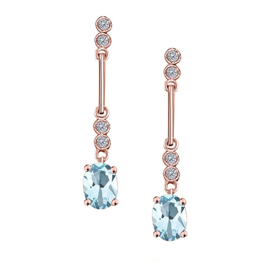2.60 Carat Oval Shape Aquamarine And Diamond Dangle Earrings In 10K Solid Rose White & Yellow Gold Mauli Jewels