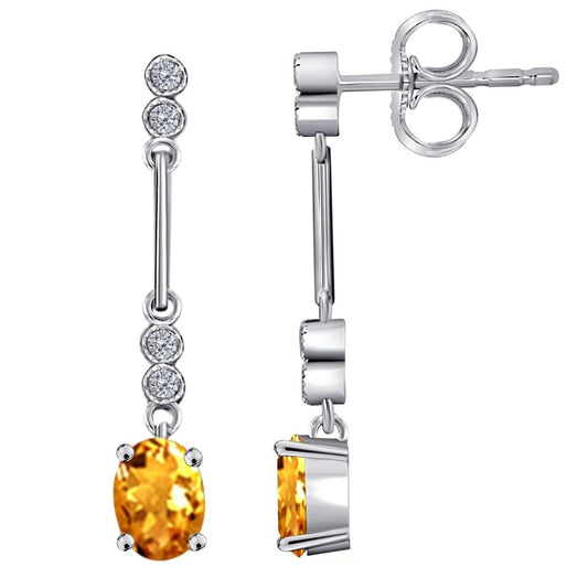 2.60 Carat Oval Citrine And White Diamond Gemstone Dangle Earrings For Women In 10K White Gold / Yellow Gold Mauli Jewels