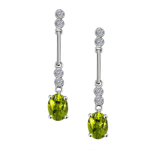 2.60 Carat Oval Peridot And White Diamond Gemstone Dangle Earrings For Women In 10K White Gold / Yellow Gold Mauli Jewels