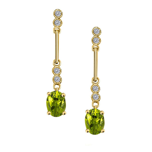 2.60 Carat Oval Peridot And White Diamond Gemstone Dangle Earrings For Women In 10K White Gold / Yellow Gold Mauli Jewels