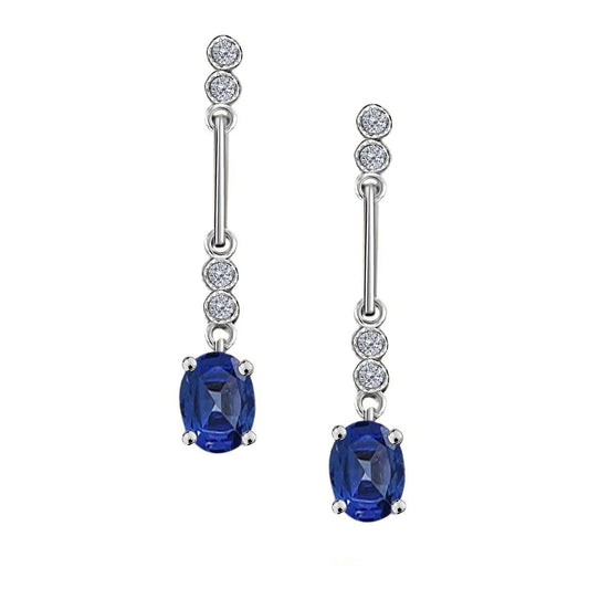 2.60 Carat Oval Sapphire & White Diamond Dangle Gemstone Earrings For Women In 10K White Gold / Yellow Gold Mauli Jewels