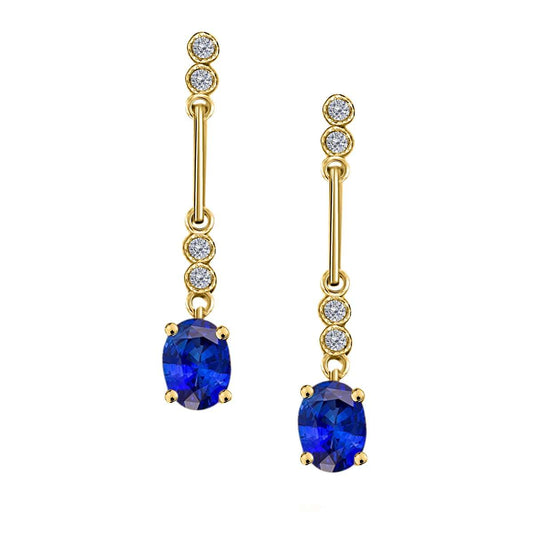 2.60 Carat Oval Sapphire & White Diamond Dangle Gemstone Earrings For Women In 10K White Gold / Yellow Gold Mauli Jewels