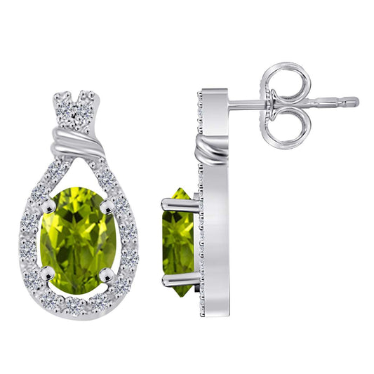 1.60 Carat Oval Shape Peridot And White Diamond Stud Earrings For Women In 10K Rose White & Yellow Gold With Secure Backs Mauli Jewels