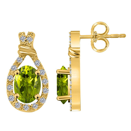 1.60 Carat Oval Shape Peridot And White Diamond Stud Earrings For Women In 10K Rose White & Yellow Gold With Secure Backs Mauli Jewels