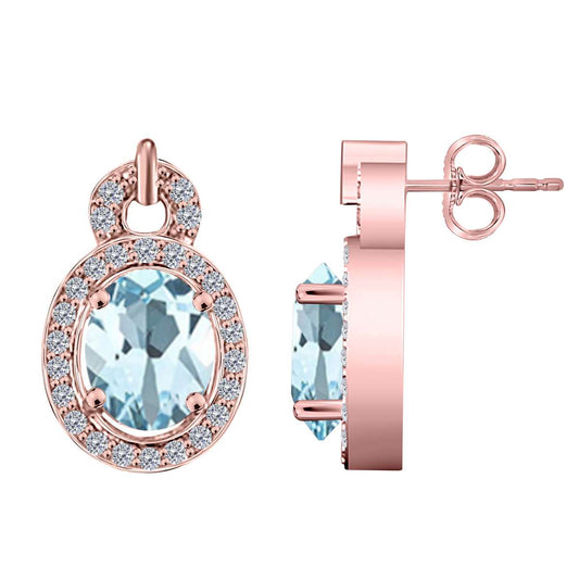 2.80 Carat Oval Shape Aquamarine Halo Round Diamond Gemstone Stud Earrings For Women In 10K Solid White, Rose & Yellow Gold Mauli Jewels
