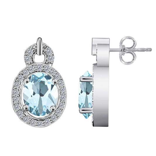 2.80 Carat Oval Shape Aquamarine Halo Round Diamond Gemstone Stud Earrings For Women In 10K Solid White, Rose & Yellow Gold Mauli Jewels