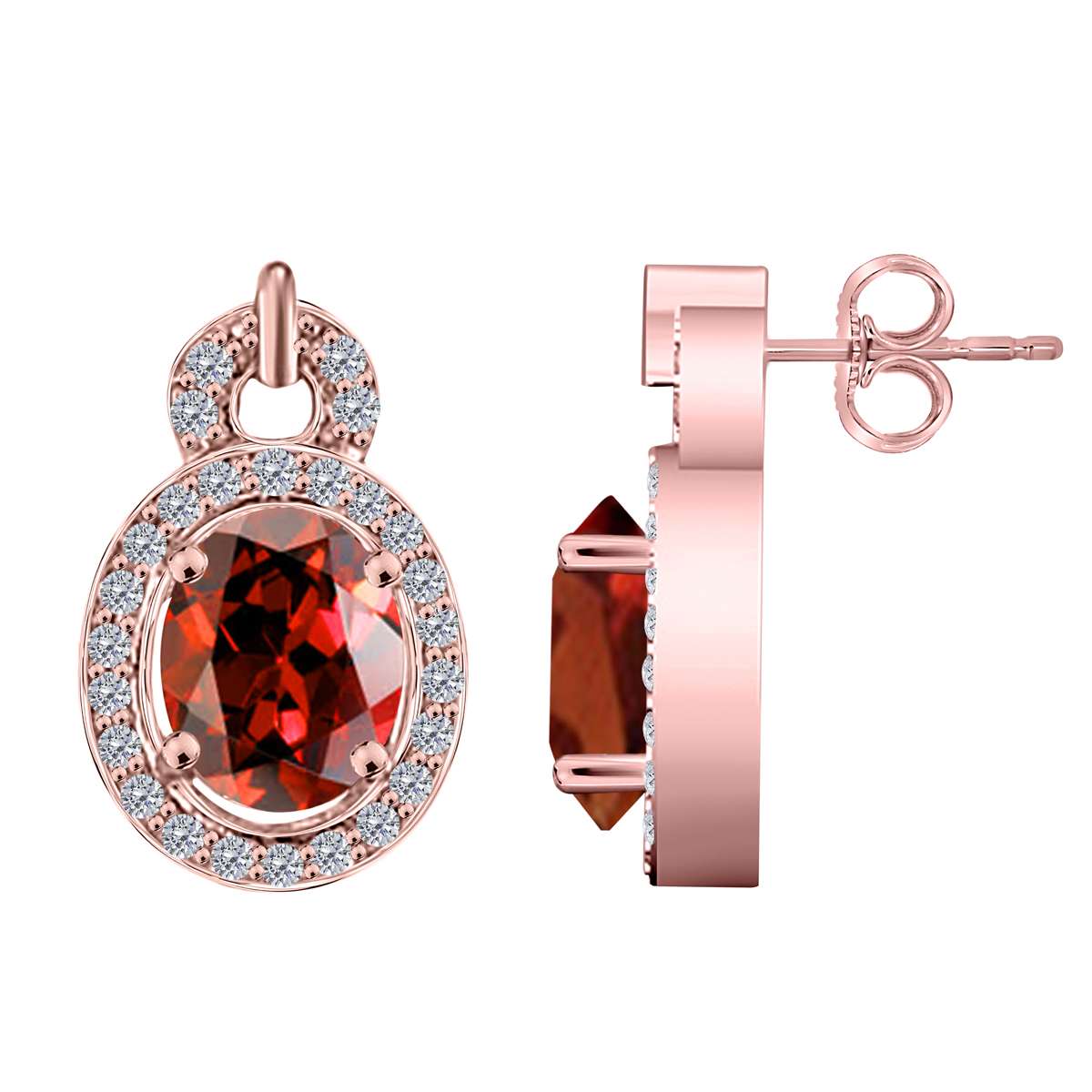 2.80 Carat Oval Shape Garnet Halo Round Diamond Gemstone Stud Earrings For Women In 10K Solid White, Rose & Yellow Gold Mauli Jewels