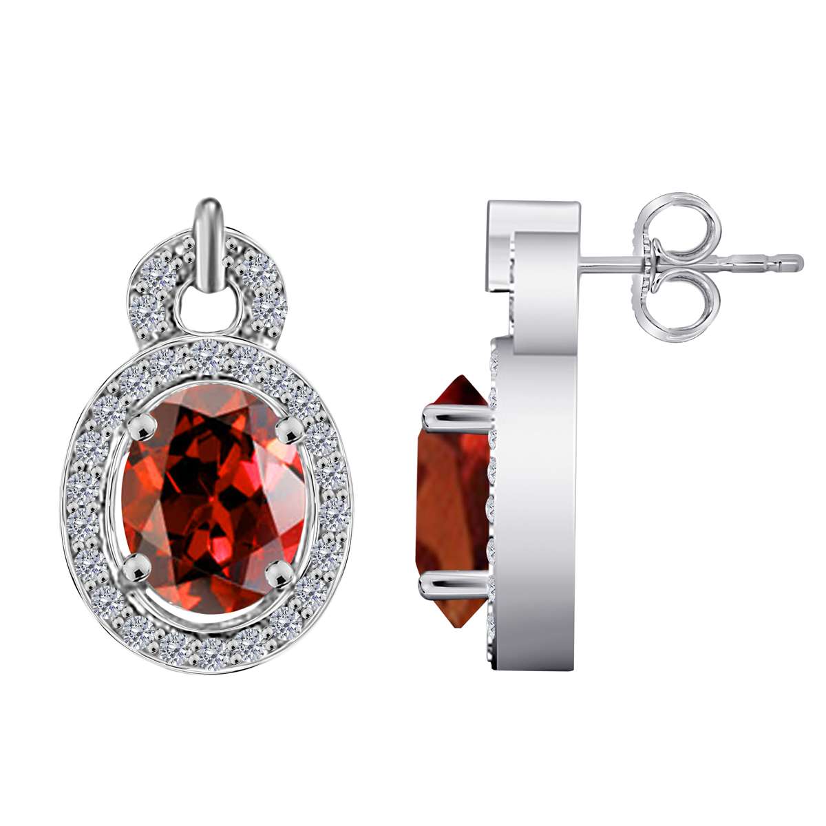 2.80 Carat Oval Shape Garnet Halo Round Diamond Gemstone Stud Earrings For Women In 10K Solid White, Rose & Yellow Gold Mauli Jewels