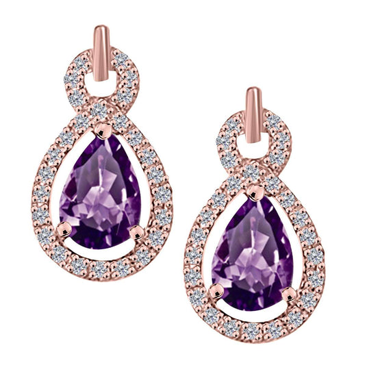 2.75 Carat Natural Diamond And Pear Shape Amethyst Gemstone Stud Earrings For Women With Secure Backs In 10K White Rose & Yellow Gold Mauli Jewels