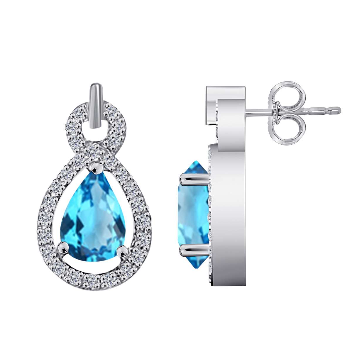 2.75 Carat Pear Shape Blue-topaz and Natural Diamond Gemstone Stud Earrings For Women With Secure Backs Mauli Jewels
