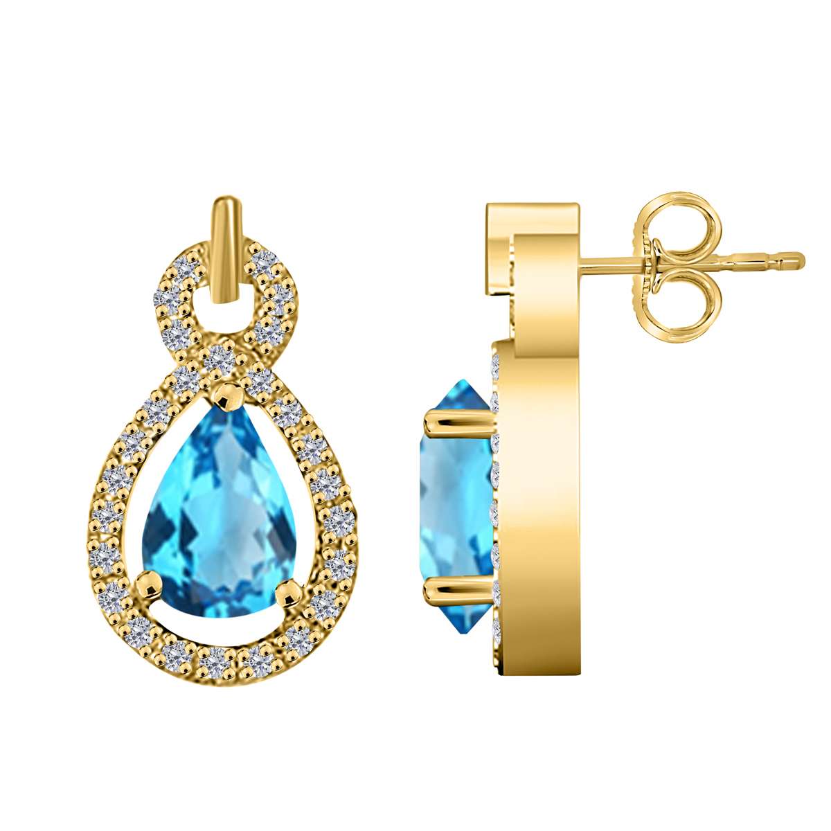2.75 Carat Pear Shape Blue-topaz and Natural Diamond Gemstone Stud Earrings For Women With Secure Backs Mauli Jewels