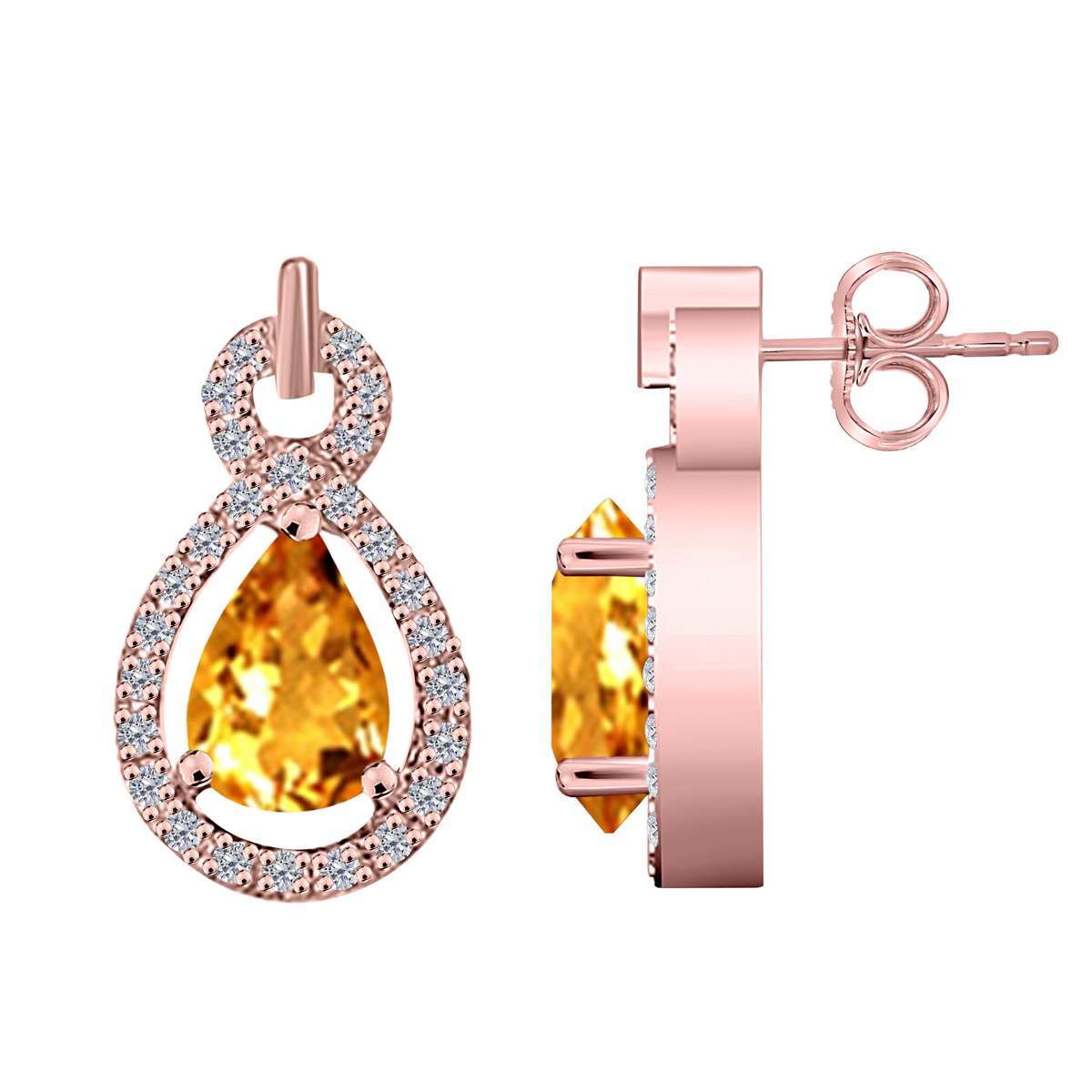 10K Rose White & Yellow Gold 2.75 Carat Pear Shape Citrine and Natural Diamond Gemstone Stud Earrings for Women With Secure Push Back Mauli Jewels