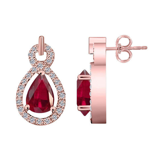10K Rose White & Yellow Gold 2.75 Carat Pear Shape Ruby and Natural Diamond Gemstone Stud Earrings For Women With Secure Backs Mauli Jewels
