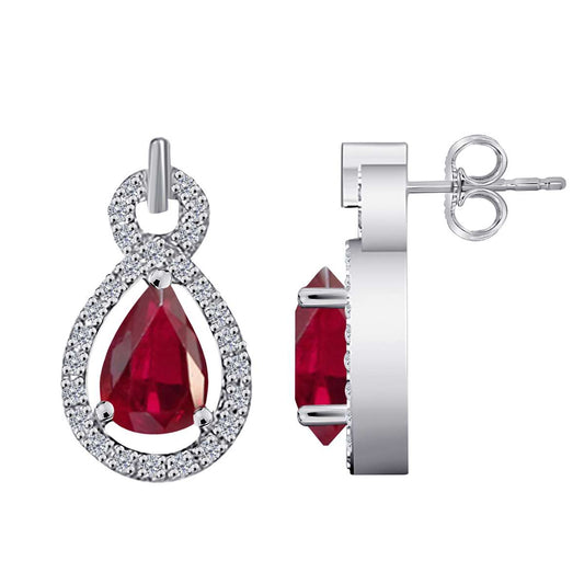 10K Rose White & Yellow Gold 2.75 Carat Pear Shape Ruby and Natural Diamond Gemstone Stud Earrings For Women With Secure Backs Mauli Jewels