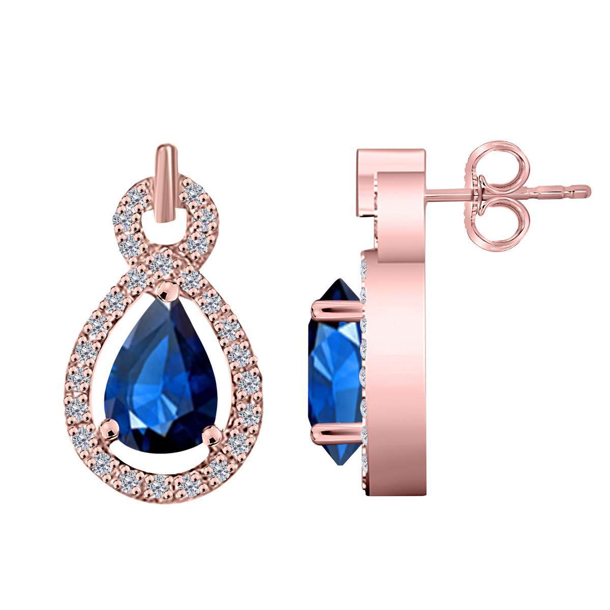 2.75 Carat Pear Shape Sapphire and Natural Diamond Gemstone Stud Earrings For Women With Secure Backs In 10K Rose White & Yellow Gold Mauli Jewels