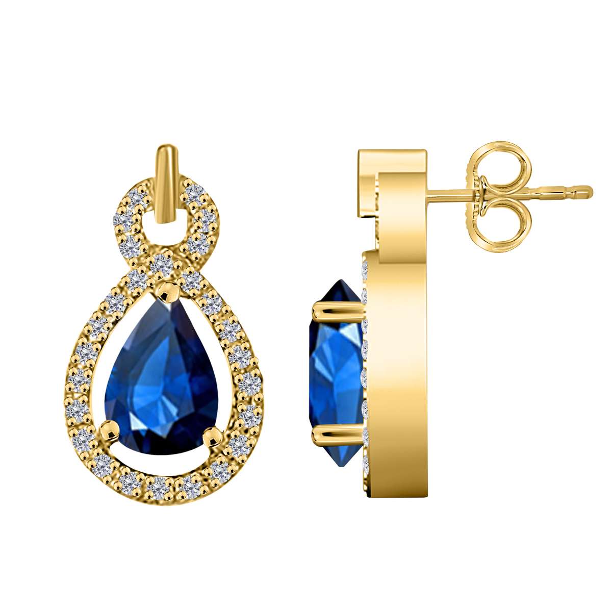 2.75 Carat Pear Shape Sapphire and Natural Diamond Gemstone Stud Earrings For Women With Secure Backs In 10K Rose White & Yellow Gold Mauli Jewels