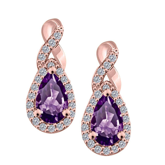 2.10 Carat Natural Diamond And Pear Shape Amethyst Gemstone Stud Earrings For Women In 10K Rose White & Yellow Gold Mauli Jewels