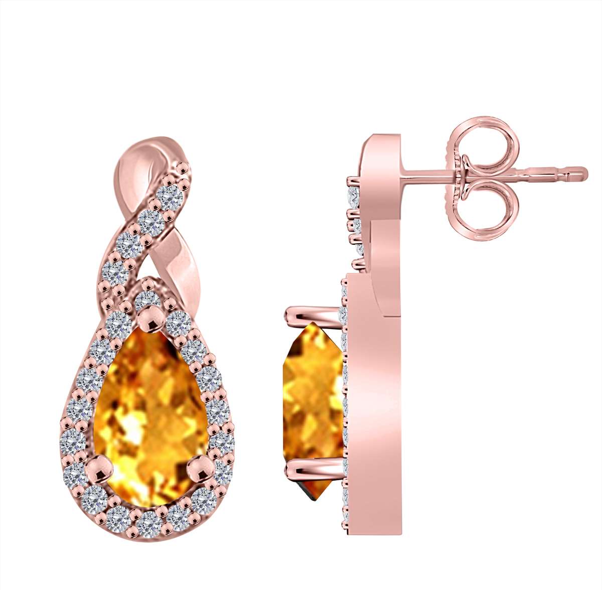 2.10 Carat Natural Diamond And Pear Shape Citrine Gemstone Stud Earrings For Women In 10K Rose White & Yellow Gold Mauli Jewels