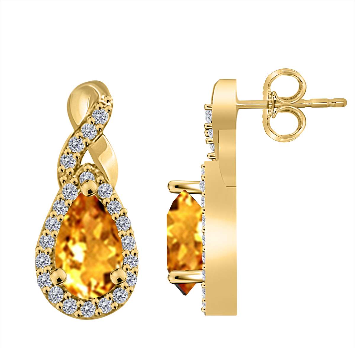 2.10 Carat Natural Diamond And Pear Shape Citrine Gemstone Stud Earrings For Women In 10K Rose White & Yellow Gold Mauli Jewels