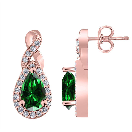 2.10 Carat Pear Shape Emerald Natural Diamond Gemstone Stud Earrings For Women In 10K White Rose & Yellow Gold Mauli Jewels
