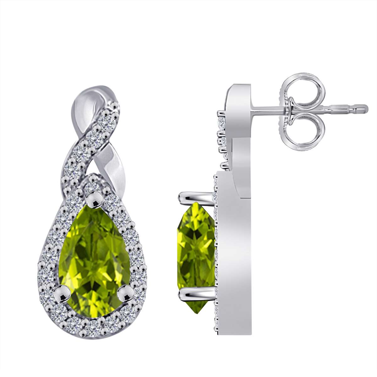 2.10 Carat Pear Shape Peridot And Natural Diamond Gemstone Earrings For Women In 10K White & Yellow Gold Mauli Jewels