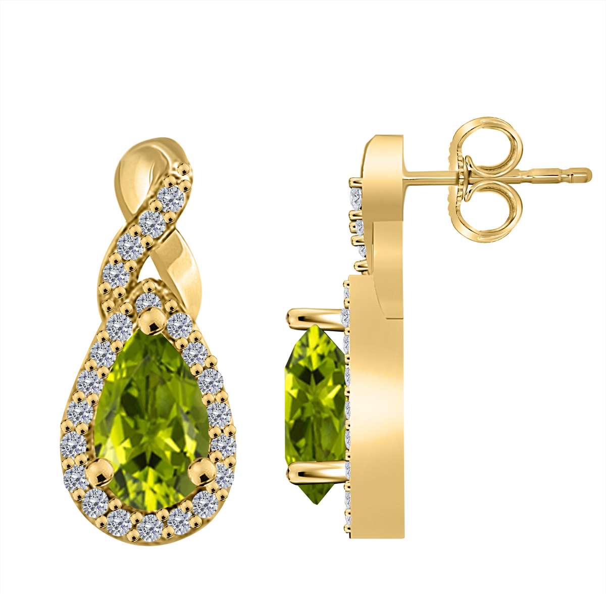 2.10 Carat Pear Shape Peridot And Natural Diamond Gemstone Earrings For Women In 10K White & Yellow Gold Mauli Jewels