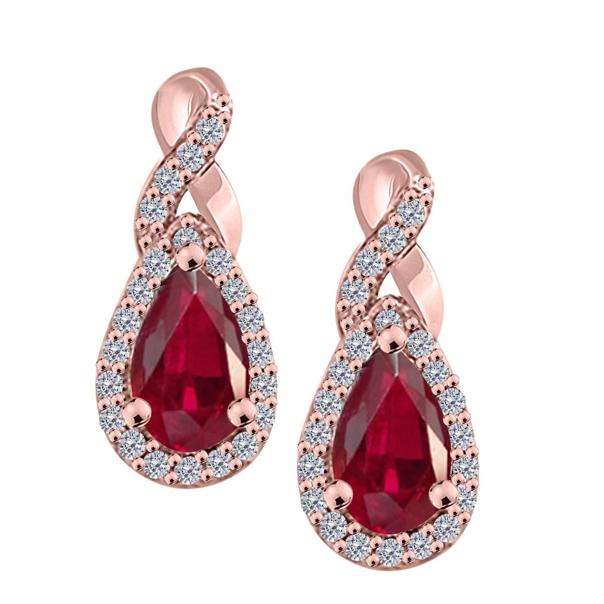 2.10 Carat Pear Shape Ruby And Prong Set Natural Diamond Gemstone Stud Earrings For Women in 10K Rose White & Yellow Gold Mauli Jewels