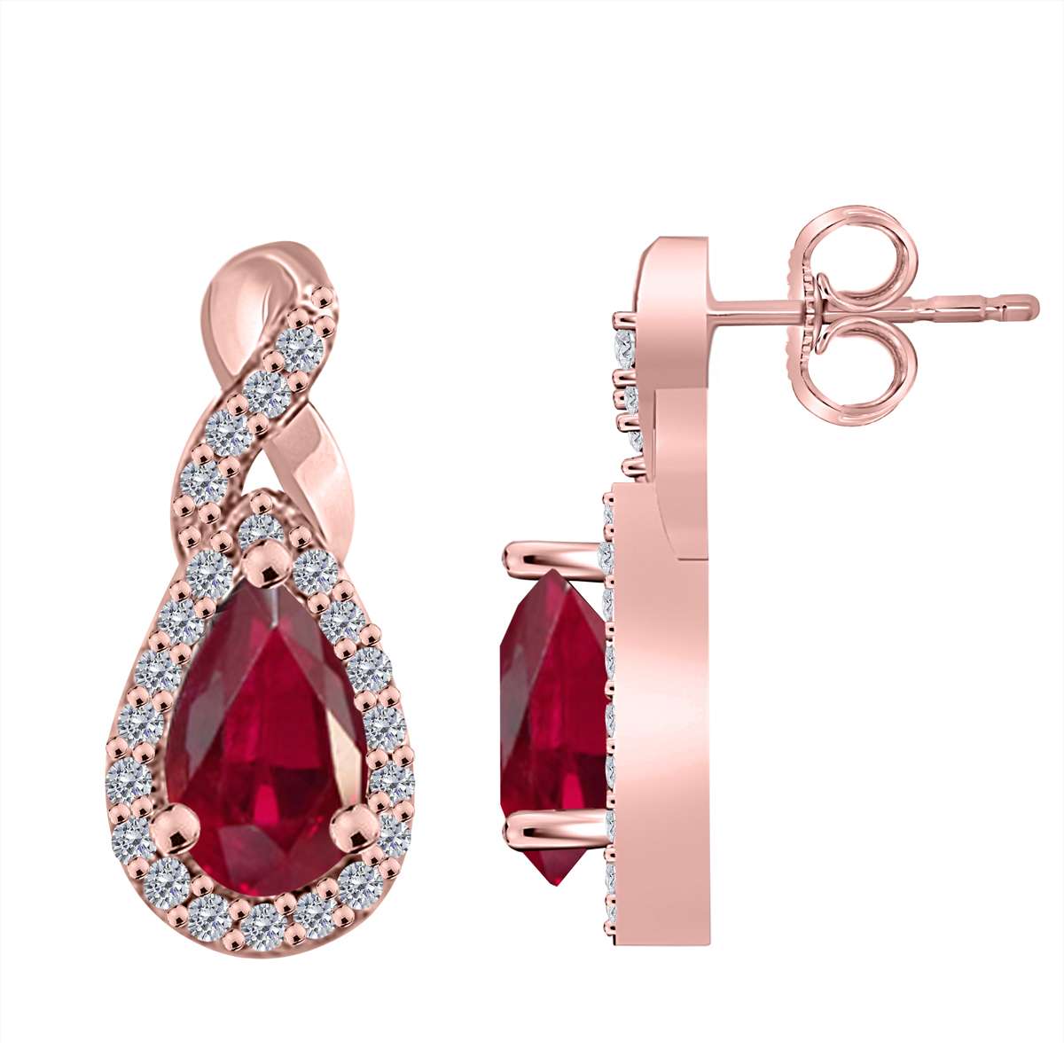 2.10 Carat Pear Shape Ruby And Prong Set Natural Diamond Gemstone Stud Earrings For Women in 10K Rose White & Yellow Gold Mauli Jewels