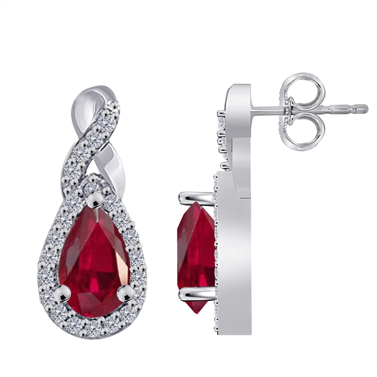 2.10 Carat Pear Shape Ruby And Prong Set Natural Diamond Gemstone Stud Earrings For Women in 10K Rose White & Yellow Gold Mauli Jewels