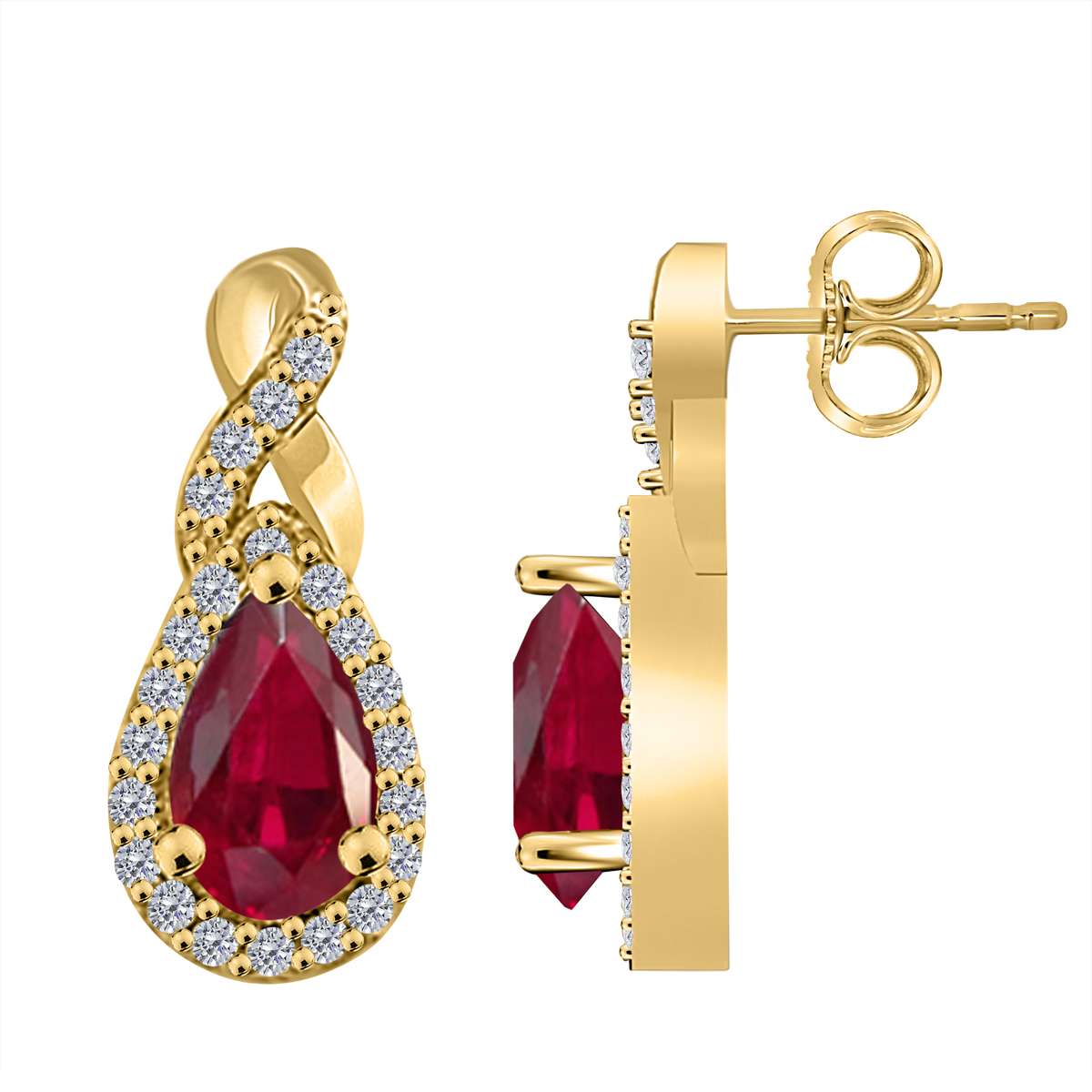 2.10 Carat Pear Shape Ruby And Prong Set Natural Diamond Gemstone Stud Earrings For Women in 10K Rose White & Yellow Gold Mauli Jewels