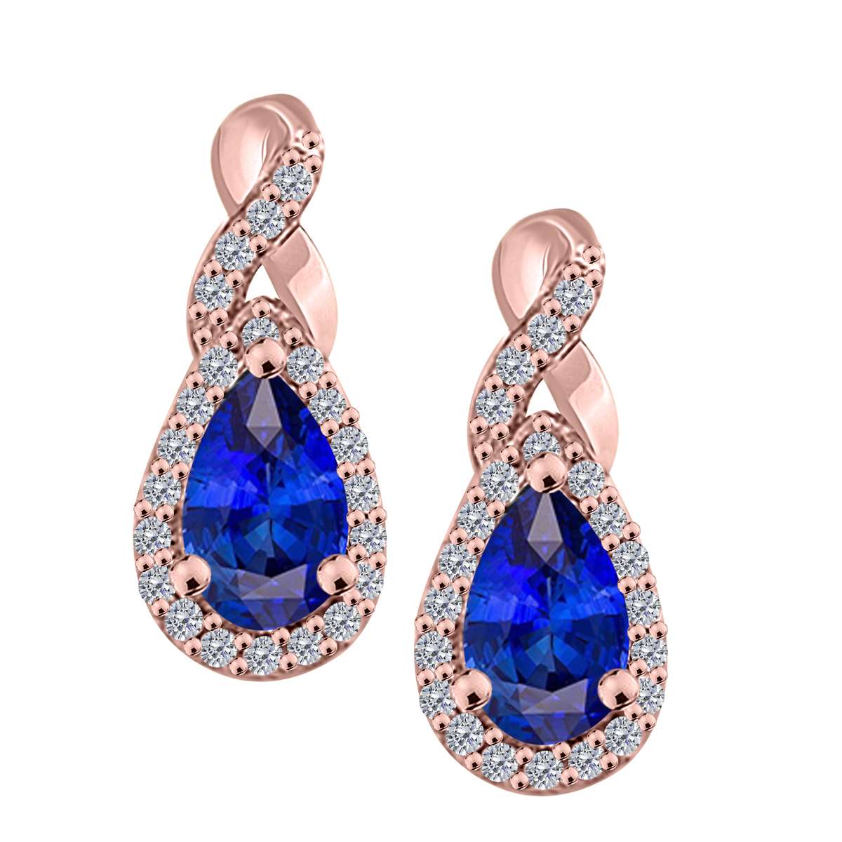 10K Rose White & Yellow Gold 2.10 Carat Pear Shape Tanzanite & Round White Diamond Gemstone Earrings For Women Mauli Jewels