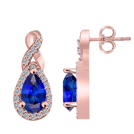 10K Rose White & Yellow Gold 2.10 Carat Pear Shape Tanzanite & Round White Diamond Gemstone Earrings For Women Mauli Jewels