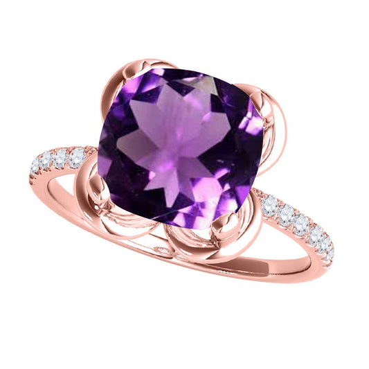 2.35 Carat Diamond and Cushion-Cut Amethyst Gemstone Ring for Women in 10K Solid Rose, White & Yellow Gold Mauli Jewels