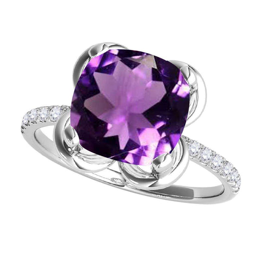 2.35 Carat Diamond and Cushion-Cut Amethyst Gemstone Ring for Women in 10K Solid Rose, White & Yellow Gold Mauli Jewels